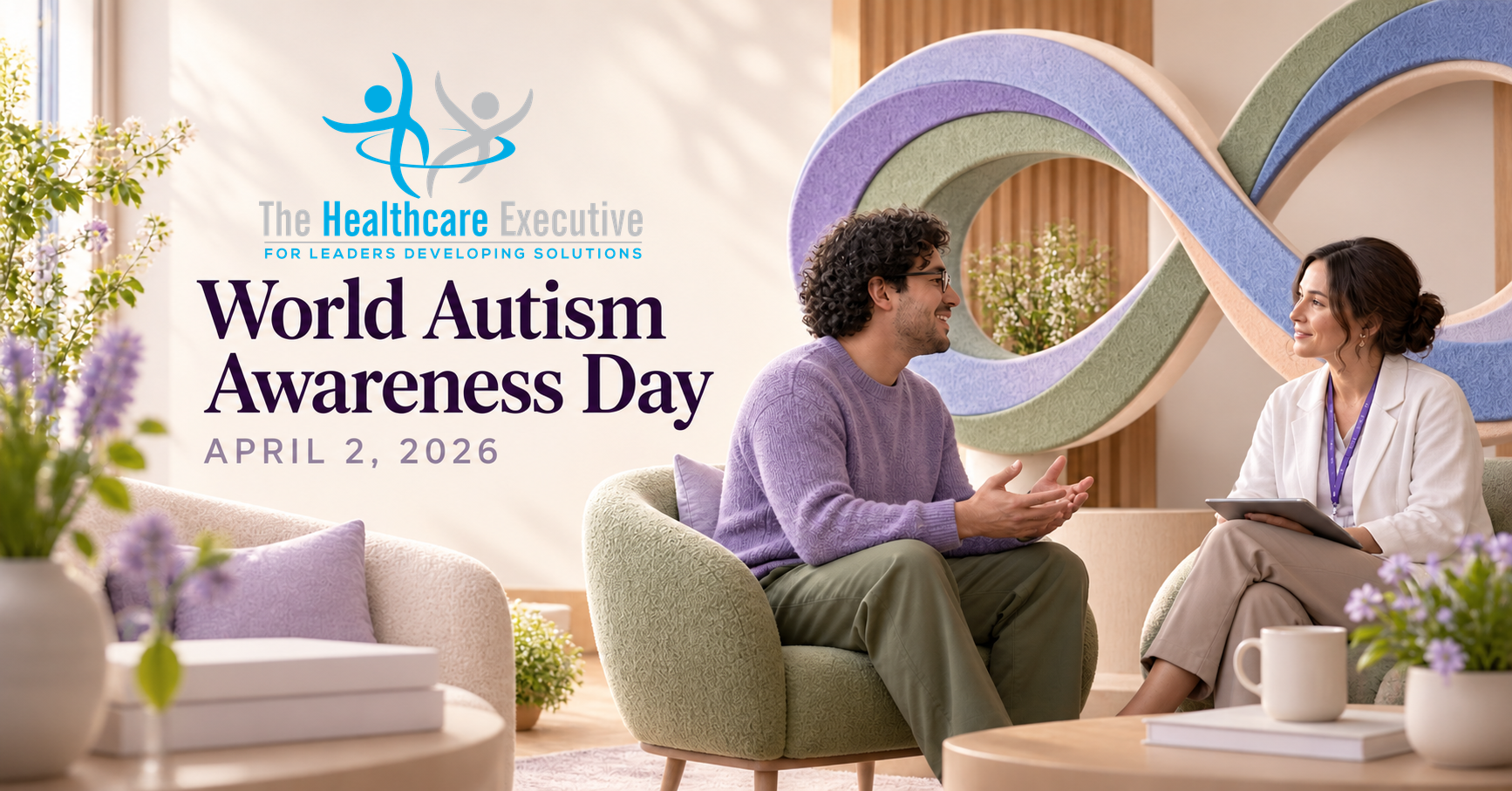The Healthcare Executive — World Autism Awareness Day, April 2, 2026. An adult and clinician in an accessible, calm consultation room.