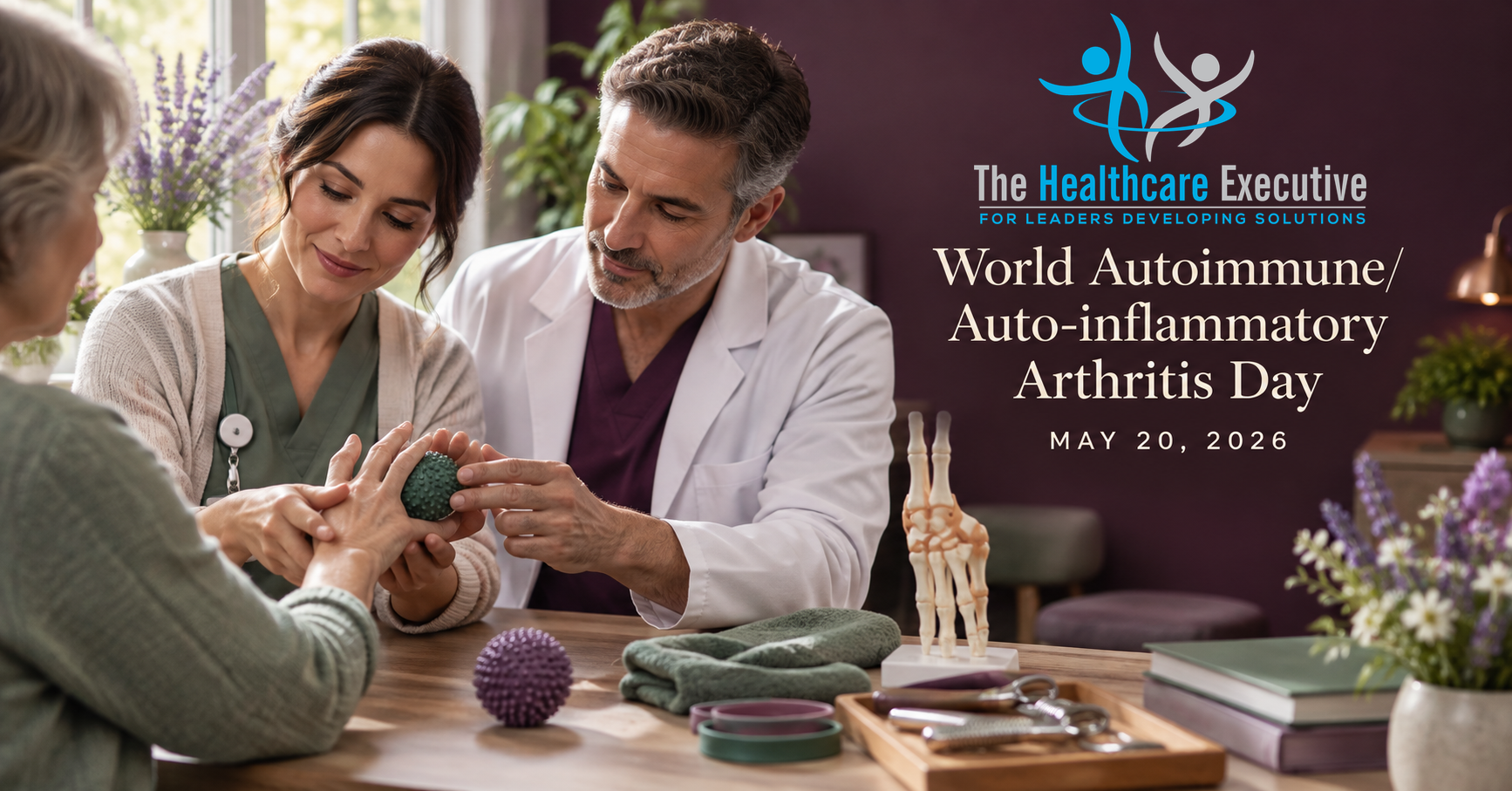 World Autoimmune/Auto-inflammatory Arthritis Day 2026 healthcare hero with the original transparent Healthcare Executive logo.