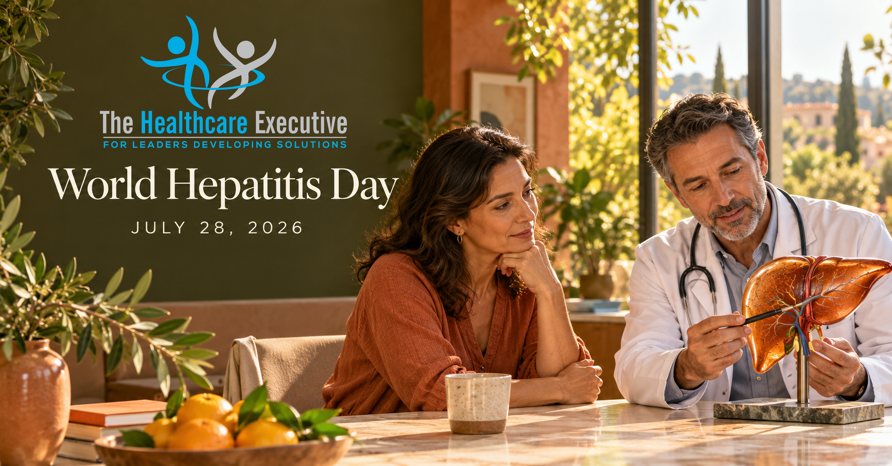 World Hepatitis Day 2026 healthcare hero with the original transparent Healthcare Executive logo.