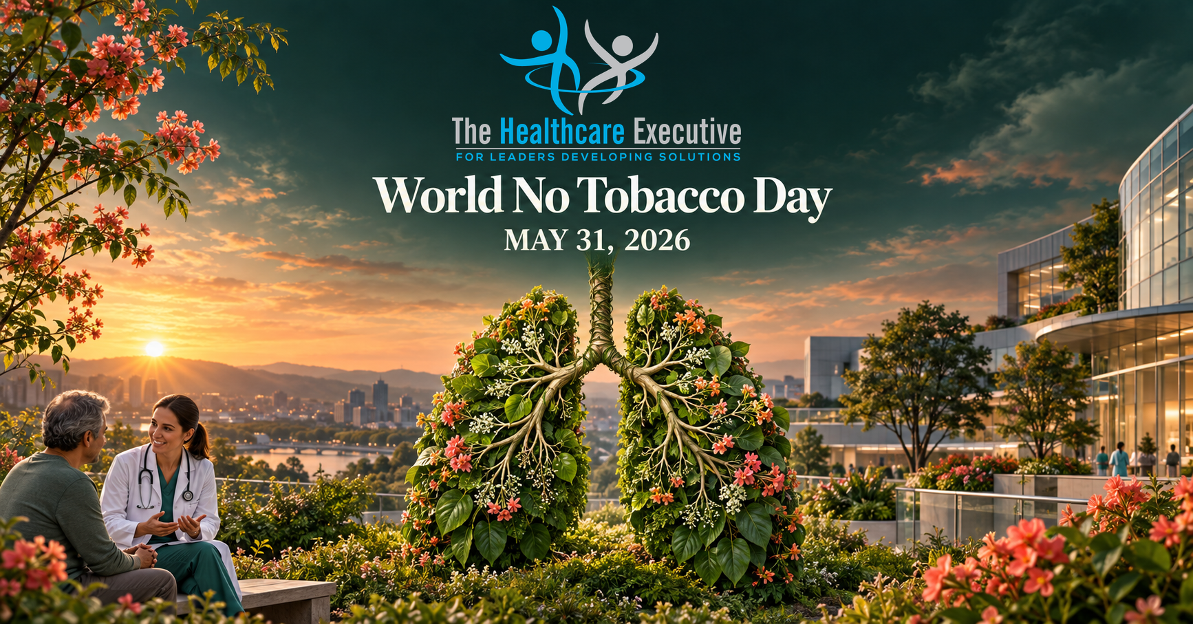 World No Tobacco Day 2026 healthcare hero with the original transparent Healthcare Executive logo.