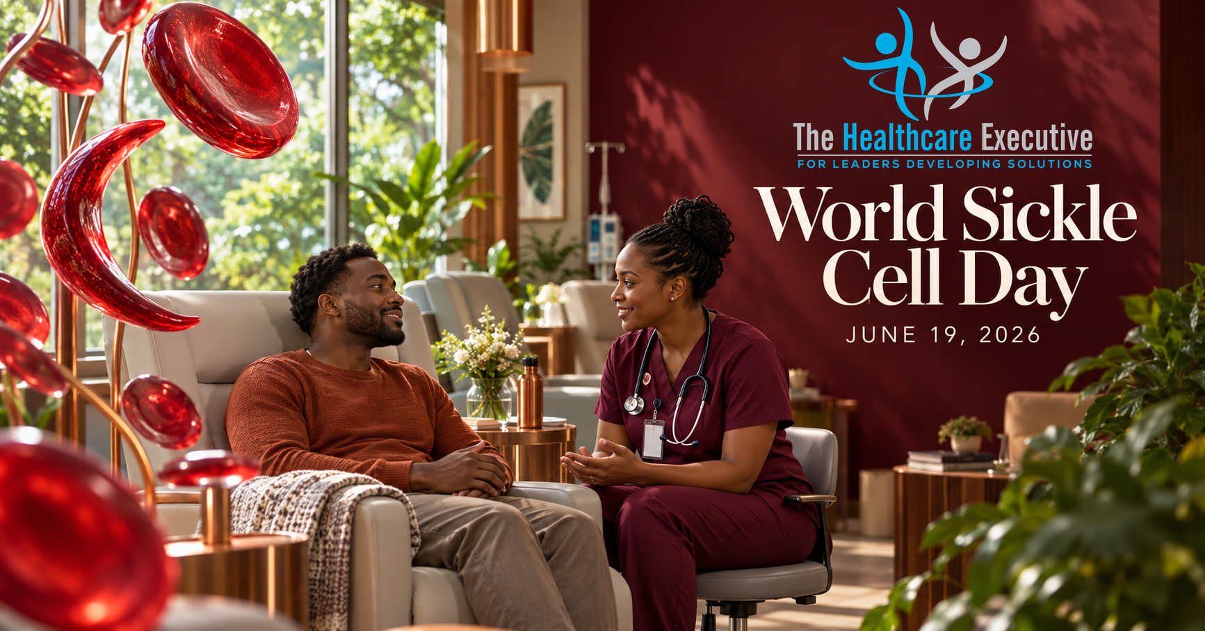 World Sickle Cell Day 2026 healthcare hero with the original transparent Healthcare Executive logo.